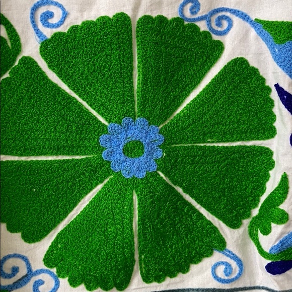 Boho Handmade Mini Dress Embroidered S/M 100%cotton Kelly Green/Blue Retail $208 - Picture 8 of 14